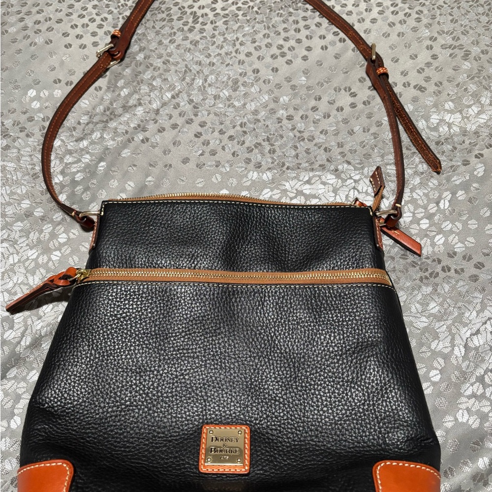 Black and Tan Crossbody Bag with Textured Leather and Adjustable Strap